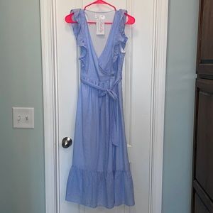 Blue midi Pink Lily dress with ruffle detail